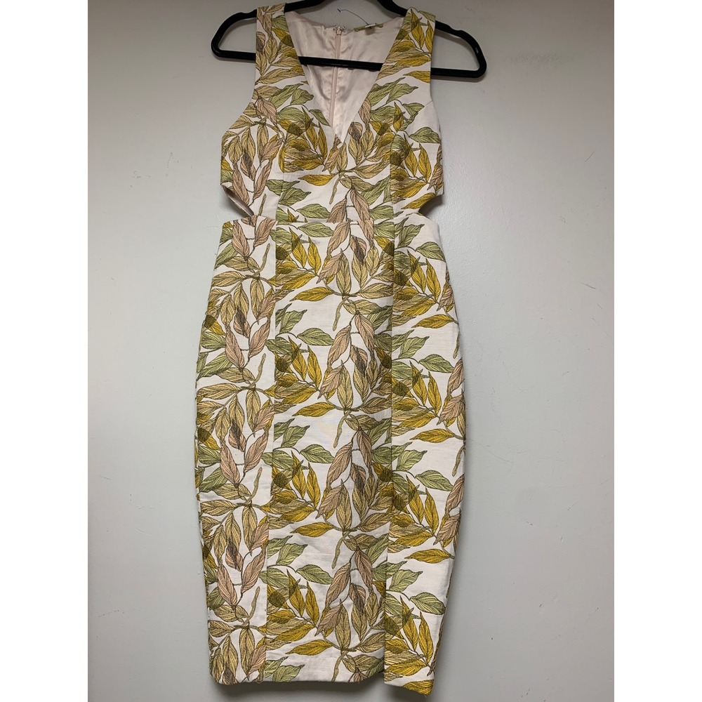 Gianni Bini Sheath Dress Womens Small Yellow Green Leaf Cut-Out Excellent Midi
